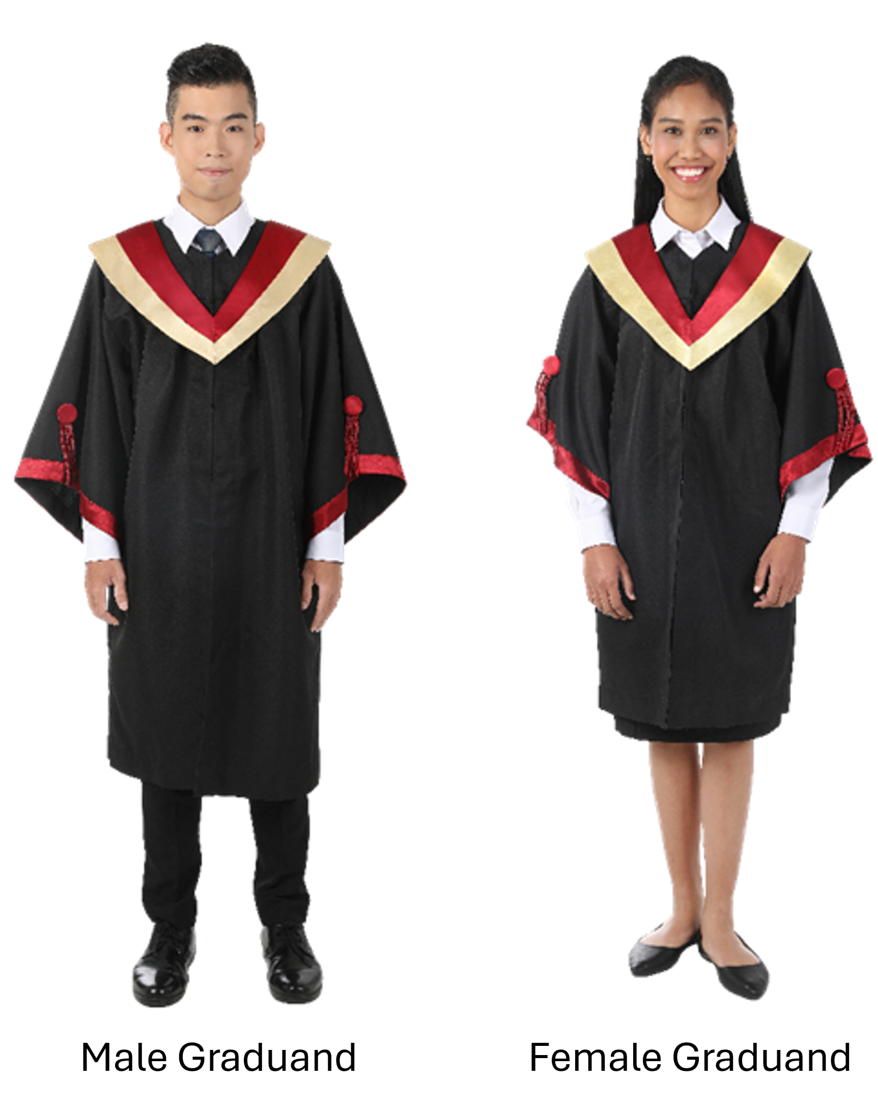 Man in graduation gown with red and gold trim, black pants and shoes, white background. Woman in graduation gown with red and gold trim, wearing black flats.